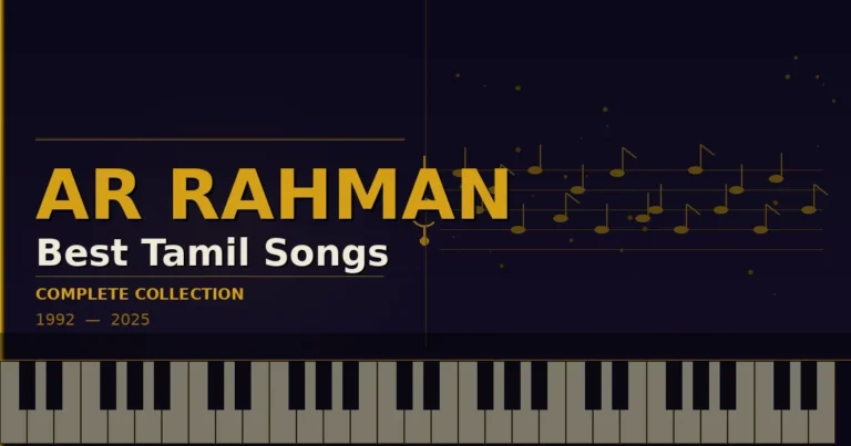 AR Rahman best Tamil songs — gold musical notes and piano keyboard on dark navy background