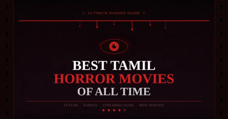 Best Tamil horror movies of all time — cinematic ranked guide featuring a glowing red eye and film strip design
