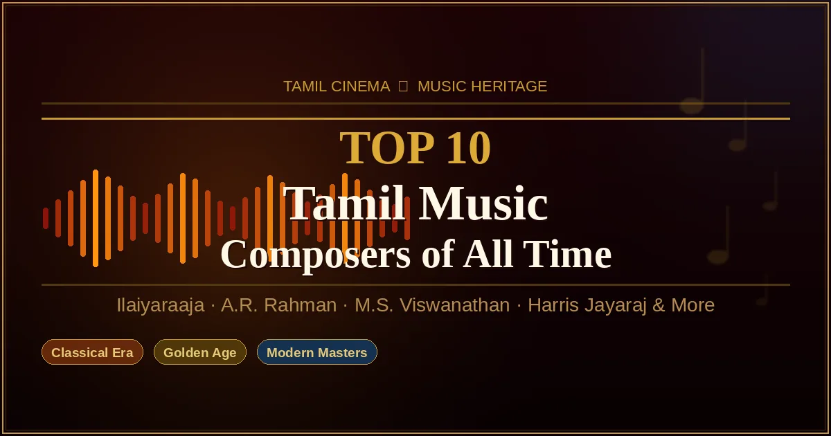 Tamil music composers collage featuring gold typography and sound wave design on deep maroon background